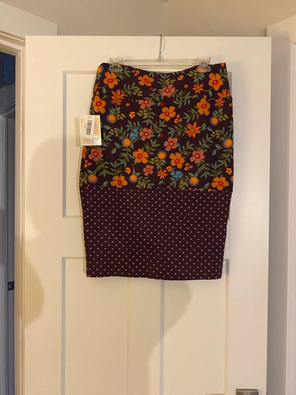 LuLaRoe Burgundy Floral & Polka Dot Pencil Skirt with Orange Flowers